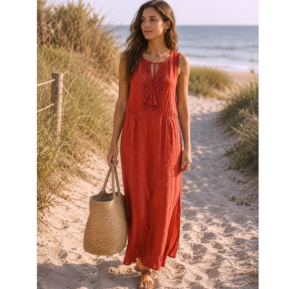 Hinge Crochet Trim Gauze Beach Vacation Maxi Dress Small Side Slit Boho Resort
